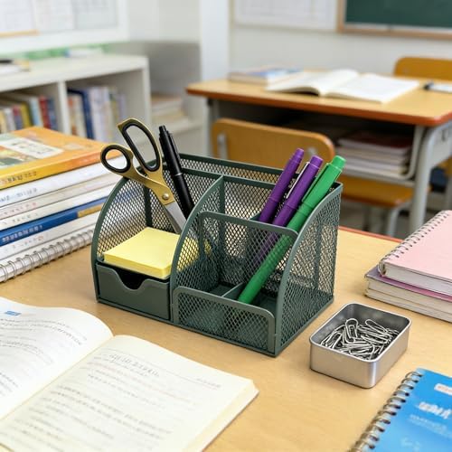 Fengtaiyuan T20, Forest Green Metal Mesh Desk Organizer with Drawer, 8.66x5.12x5.51 inch Multi-functional Desktop Storage Caddy for Office, School, Art Supplies (T20)