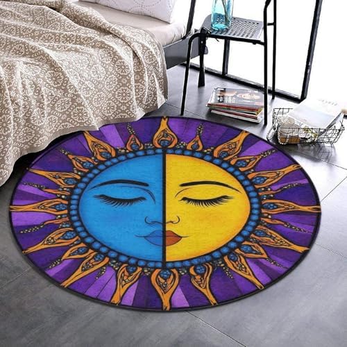 Machine Washable Modern Round Area Rug, Room Sofa Yoga Soft Round Carpet, Home Decor Non Slip Kitchen Office Circle Rug Hippie Sun Moon Art, 36inch