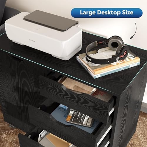 5-Drawer Wood Drawer Cabinet, Office Storage Cabinet with Adjustable Shelf & Wheels, Printer Stand for Home Office, Black, 15.7" D x 30.7" W x 25.4" H