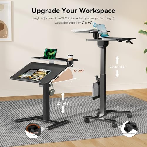 28" Mobile Standing Desk, Tiltable Top with 2-Tier Shelves, Black