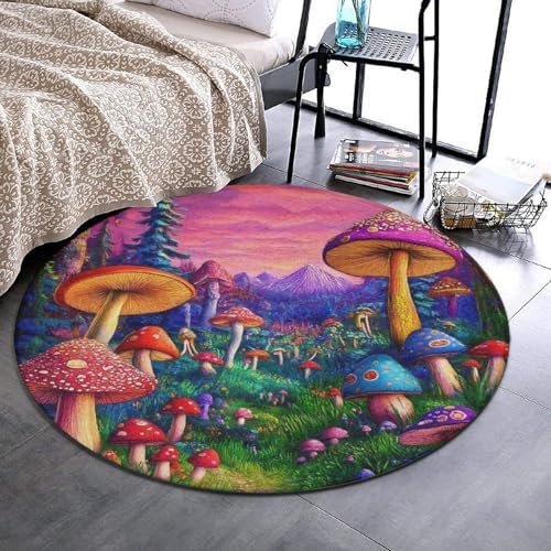 Room Sofa Yoga Soft Round Carpet, Home Decor Non Slip Kitchen Office Circle Rug, Machine Washable Modern Round Area Rug Trippy Mushrooms Art, 36inch