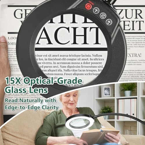15X Magnifying Glass with Light and Stand, Real Glass Lens, 5 Color Modes, Stepless Dimmable, 24" Flexible Gooseneck 3-in-1 Floor Lamp, LED Lighted Magnifier Hands Free for Close Work, Craft, Painting
