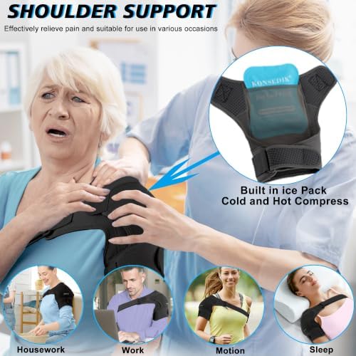 KONSEDIK Shoulder Brace Immobilizer with Ice Pack,Compression Rotator Cuff Support for AC Joint Pain Relief,Frozen Shoulder,Dislocation,Labrum Tear,Adjustable Wrap for Men&Women Left/Right(Black,Large)