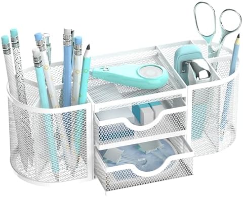 SUPEASY Mesh Desk Organizer, Pen Holder for Desk with 2 Drawers, White