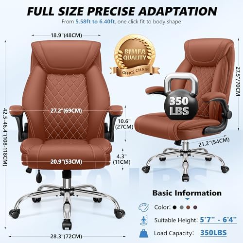 BestGlory Executive Office Chair with Lumbar Support, Big and Tall Ergonomic Computer Desk Chair, Leather Comfy High Back Gaming Chair with Flip Up Arms & Rocking Function for Home Office, Brown