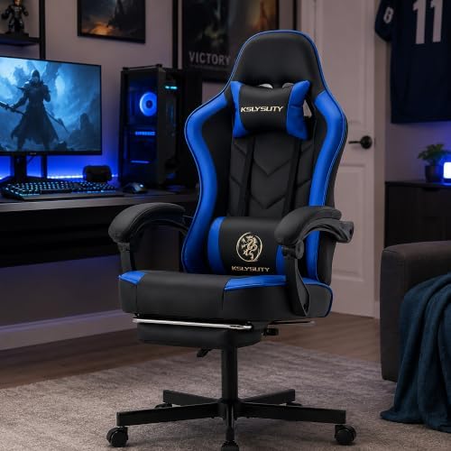 Office Desk Computer Gaming Chair for Adults, Ergonomic High Back Gamer Chair with Massage and Pocket Spring Cushion, Swivel Comfy Video Game Chairs with Footrest and Lumbar Support (Black Blue)