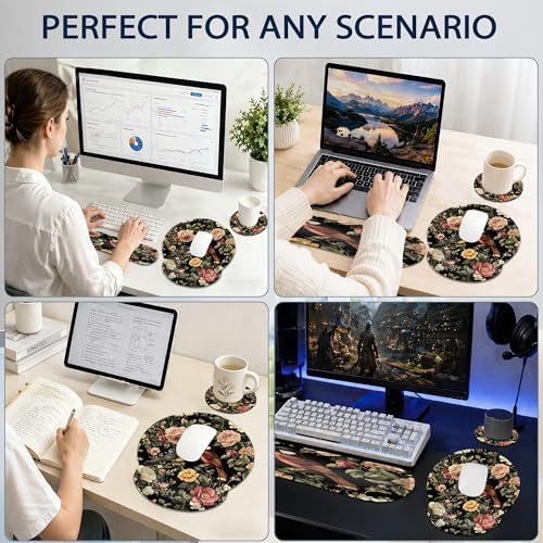 Vintage Rose Peony Floral Keyboard Wrist Rest Pad Ergonomic Mouse Pad Set,Bird 3 in 1 Memory Foam Mouse Pad with Non Slip Base for Office and Home