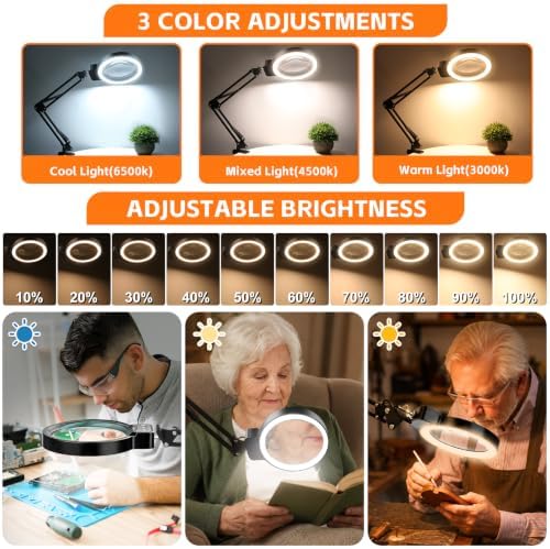 12X 30X Large Magnifying Glass with Light and Clamp,Stand Lighted Magnifier