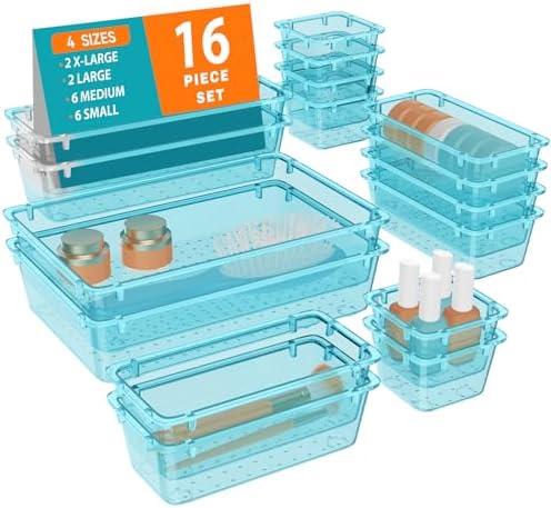 WOWBOX 16 PCS Plastic Drawer Organizer Set, 4 Sizes Desk Drawer Organization and Storage Containers for Makeup, Cosmetics, Jewelry and Gadgets in Kitchen, Bathroom, Bedroom, Office, Clear Sea Blue