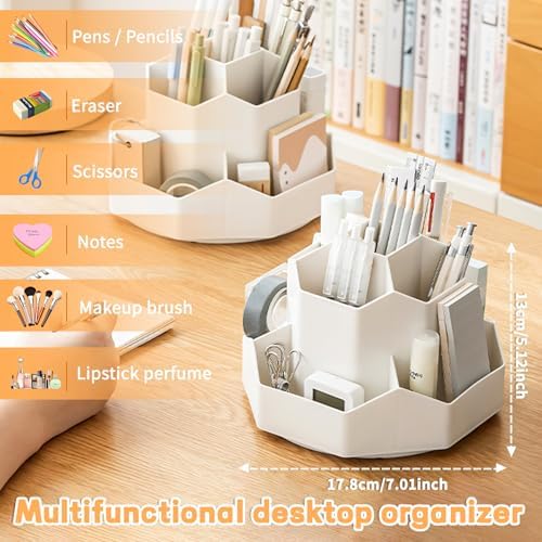 Cayxenful Pencil Pen Holder for Desk,9 Slots 360 Degree Rotating Desk Organizers,Desktop Storage Stationery Supplies Organizer, Cute Pencil Cup Pot For Office, School, Home(White)