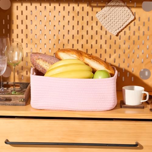 MiniArk Small Storage Baskets for Organizing | Closet Organizer Bins | Shelf Toy Basket | Woven Rope Baskets | Cube Decorative Box | Shallow Basket | 13x8.5x5.1” | 3 Packs Pink