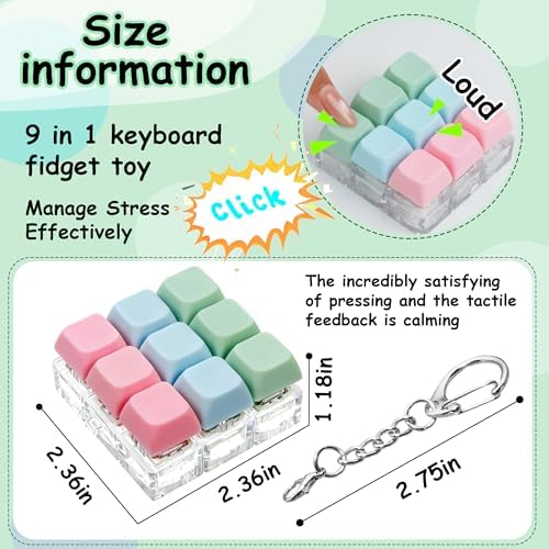 Keyboard Fidget Toy, Keyboard Fidget Keychain 9-in-1 Keyboard Decompression Button Finger Clicker Toys Stress Relief Fidget Gifts (3 Colors- Pink Blue Green)