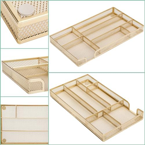 Annova Desk Drawer Organizer Tray for Office Organization - Metal Mesh - Storage Tray with Dividers for Pens, Desktop Accessories, Bathroom, Kitchen, Makeup and Office Supplies (Small, Gold)