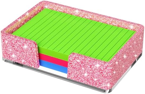 Sticky Note Holder, Glitter Pink Acrylic Notepad Holder 4x6 in Self-Stick Note Dispenser Office Desk Accessories, Memo Pad Holder Organizer for Classroom School Supplies