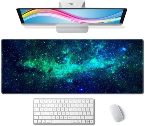 Desk Mat Blue Green Stars Nebulae Large Keyboard Mouse Pad for Laptop PC Setup Desk Cover Protector Desk DéCor for Office Home Work Gaming 31.5" X 11.8" Stitched Edge Non-Slip Design