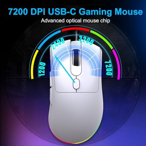 HXMJ Wired USB C Gaming Mice,7200DPI,Ergonomic Mouse with RGB Backlit for Apple MacBook,Computer or Laptops with Type C Port-White