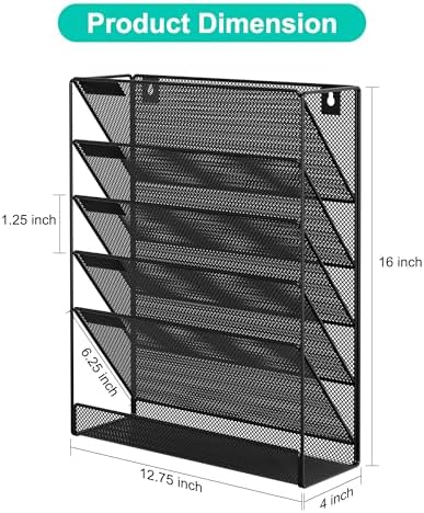 EasyPAG 5 Tier Wall File Holder, Mesh Hanging Folder Organizer with Classify Label, Versatile Desk File Holder, Vertical Wall Mounted Mail Organizer for Office Home Cubicle, Black