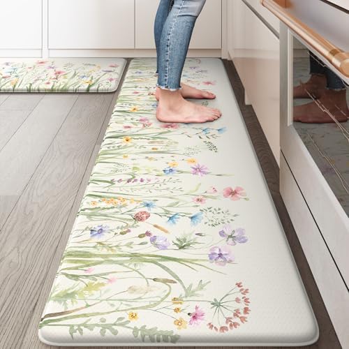 KIMODE Anti Fatigue Kitchen Mats for Floor, Floral Kitchen Rugs Set of 2