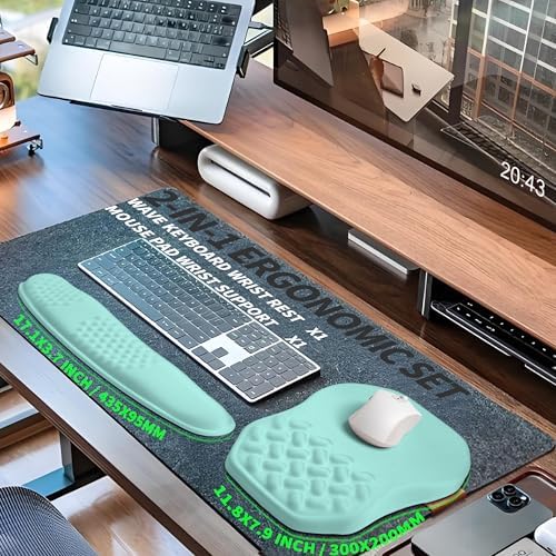 2-in-1 Ergonomic Set, Wave Keyboard Wrist Rest and Massage Slope Mouse Pad Wrist Support, Rebound Memory Foam for Relieve Carpal Tunnel Syndrome and Wrist Pain (Light Blue)