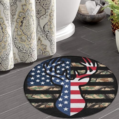 Women's Large Home Decor Mat, Soft Round Yoga Carpet, Non Slip Machine Washable Home Office Circle Rug Camo Deer Hunting Camouflage USA Flag