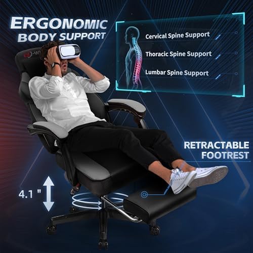 Gaming Chair, Computer Chair with Footrest and Lumbar Support,Video Game Chair Height Adjustable,Racing Style Computer Chair with 360°-Swivel Seat and Headrest (Grey)