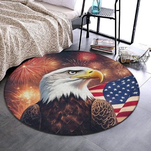 Room Sofa Yoga Soft Round Carpet, Home Decor Non Slip Kitchen Office Circle Rug, Machine Washable Modern Round Area Rug Bald Eagle American Flag Fireworks Art, 36inch