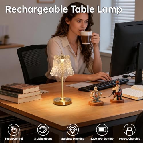 Shenmoyl Cordless Touch Table Lamp with 5200mAh Battery - 3 Adjustable Color Temperatures & Dimmable, Rechargeable Desk Lamp for Bedroom, Living Room, Office, Entryway, Bookshelves (Transparent Rose)