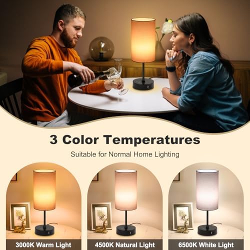 Unicozin Table Lamp for Bedroom, 3 Color Temperatures, 7 RGB Colors, Adjustable Brightness, Dual USB Charging Ports, Ambience Nightstand Light with Pink Shade, Desk Lamp for Kids Reading Home Office