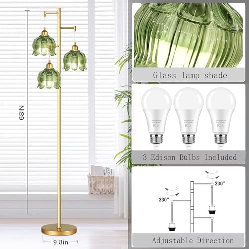 ZECOXOL Vintage Floor Lamps for Living Room Bedroom-3 Light Glass Floor Lamp with Three Led Bulb, Modern Mid Century Standing Lamp Brass Tall Lamp Gold Tree Floor Lamp for Bedroom Corner
