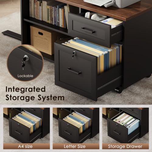 OffiGo 71" L Shaped Electric Standing Desk with Cabinet Sets, Walnut/Black