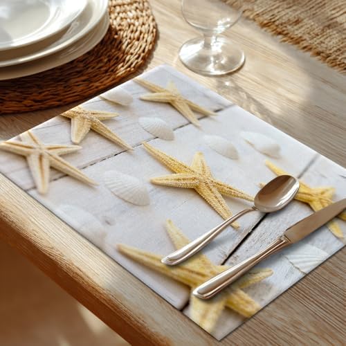 Shrahala White Beach Beige Set of 6 12 X 18 Inch Linen Placemats, Sea Shell Starfish Background Beach Shells Burlap Table Mat Washable Double Layered Heat Insulation for Indoor/Outdoor