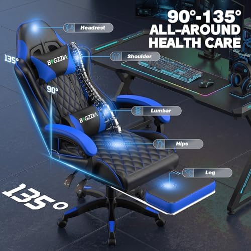 Bigzzia Gaming Chair with Footrest, Comfortable Gamer Chairs Blue