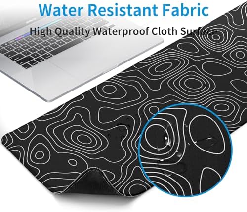 Black Topography Contour Gaming Mouse Pad Large Anime Topographic Map Mousepad Extended Mouse Pad Gaming Big Desk Pad Keyboard Pad with Stitched Edge Non-Slip Rubber Base