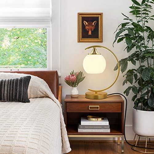 BOKT Modern Globe Table Lamp Mid Century Gold Glass Table Lamp Nordic Simple Design Desk Lamp White Globe Metal Reading Lighting Fixture for Bedside Nightstand Living Room