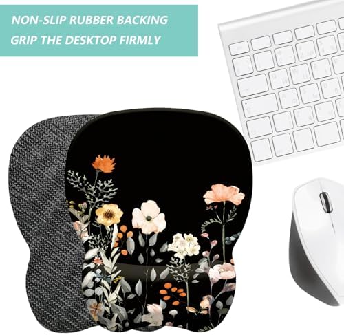 Mouse Pad with Wrist Support, Ergonomic Mousepad with Comfortable Memory Foam Wrist Rest Cushion, Relieve Wrist Pain, Non-Slip Rubber Base Gaming Mice Pad for Home Office Computer Laptop, Flower Black