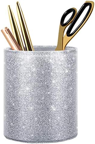 Glitter Pen Holder, Pencil Cup Desk Sparky Bling for Women Girls, Luxury Durable Makeup Brush Holder Large Pu Leather Multi-Functional Organizer Cup for Office, Classroom, Home, Silver
