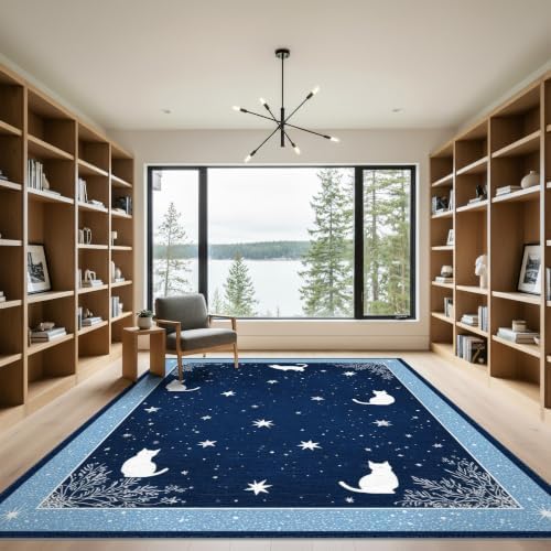 9'x12' Midnight Blue Cat Starry Design Washable Area Rug