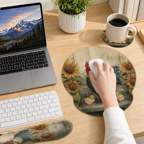 Rooster Ergonomic Memory Foam Wrist Rest Set for Keyboard and Mouse,Sunflower Vintage Wooden Board Supportive Mouse Pad with Non Slip Base for Office Work and Gaming