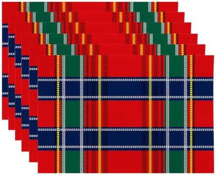 Royal Stewart Tartan Linen Placemats, Classic Red Scottish Plaid Green Table Mats for Table Washable Heat Insulation Thick Dining Mat, Indoor