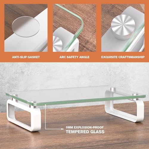 Hemudu Clear Computer Monitor Stand Riser Multi Media Desktop Stand for Flat Screen LCD LED TV, Laptop/Notebook, with Tempered Glass and Metal Legs, HD02T-001