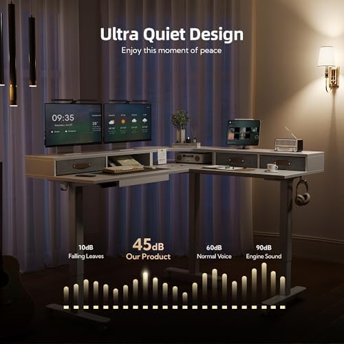 Claiks Dual Motor L Shaped Standing Desk with Drawers, 63inch, White