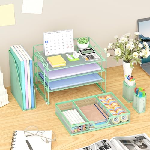 Marbrasse 4-Tier Paper Tray Organizer with Drawer and Pen Holder, Green