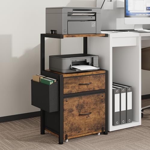 HIGDBFE File Cabinet with 2 Fabric Drawers and Printer Stand, Rustic Brown