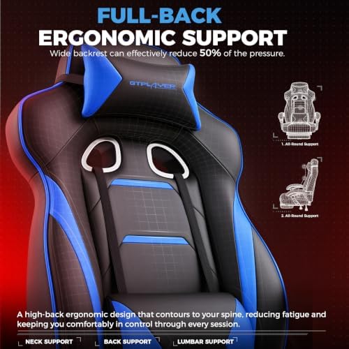 GTPLAYER Gaming Chair with Footrest, 350LBS Big and Tall Office Chair, Ergonomic High Back Lumbar Support and Recliner for Back Pain Relief, Blue