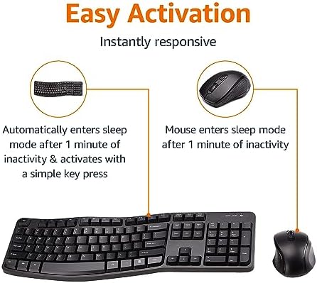 Amazon Basics Ergonomic Wireless Keyboard and Mouse Combo with Wrist Rest, Plug and Play, 2.4 GHz USB, Easy to Use, Black