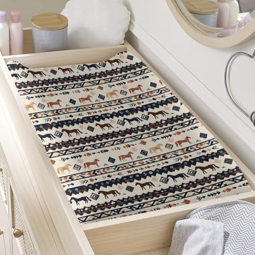 Native American Tribal Horses Geometric Pattern Baby Changing Pad Cover, Unisex Western Nursery Diaper Changing Table Pad Mat Sheet for Boys Girls-16x32