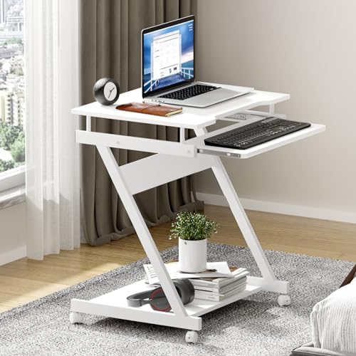 soges Movable Desk for Computer, Small Double-Layer Workstation, Computer Desk Cart, with Universal Lockable Wheels and Keyboard Tray, White