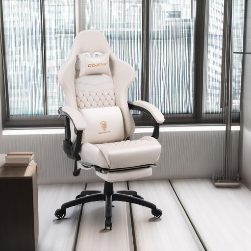 Dowinx Big & Tall Vintage Gaming Chair for Adults, 400 lb Capacity Heavy Duty Ergonomic Computer Chair with Massage Lumbar, Footrest & Easy Side Recline, Ivory
