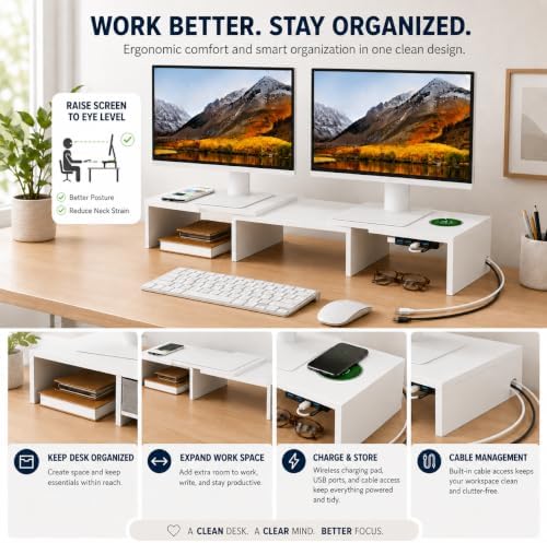 LAPTAIN Dual Monitor Stand Riser with Drawer, Adjustable Desk Organizer