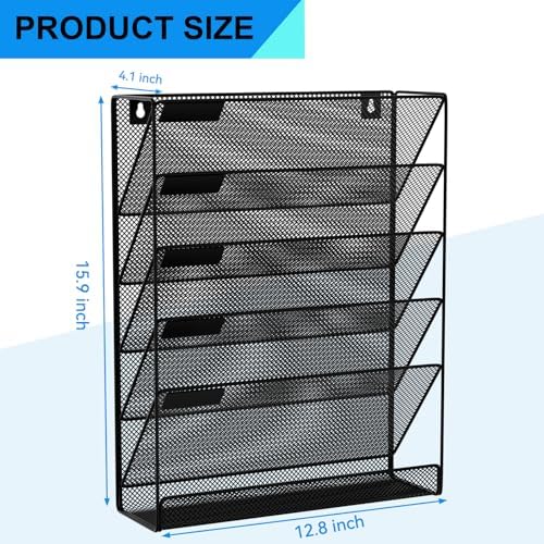 Wall File Organizer Holder Mesh Hanging Paper Document Holder,Vertical 6 Pocket Tier for Office Home, Black